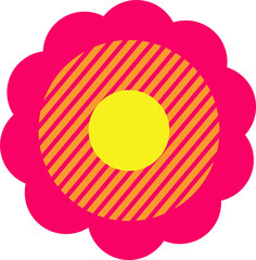 Stylized sun is showing pink scalloped, orange stripe rings, yellow core on transparent backdrop