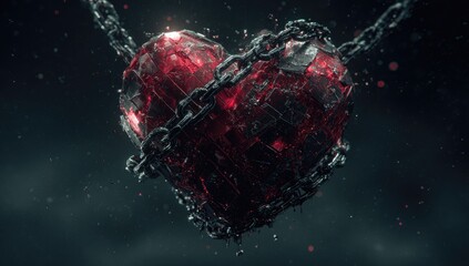 Shattered crimson heart, ensnared by heavy, dark chains, suspended in a smoky, ominous void; fragments drip