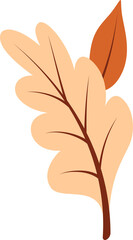 Peach oaklike leaf and orange elongated leaf are overlapping in flat design, transparent background