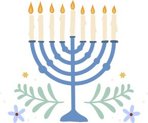 Fototapeta premium Showing flat Hanukkah menorah nine lit candles, lit flames, foliage, stars, transparent background