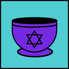 Purple chalice with black rim is floating in flat design on clear background with six-pointed star