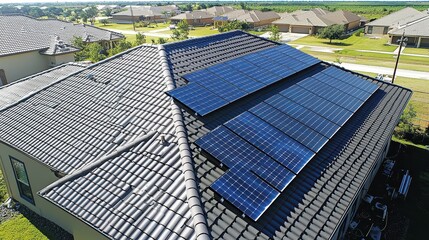 Solar panel optimization overhead shot modern residential roof systematic solar installation positioning optimal renewable energy system