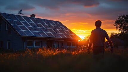 Solar panel performance modern house sunset homeowner silhouette renewable energy installation rooftop golden hour residential sustainable power