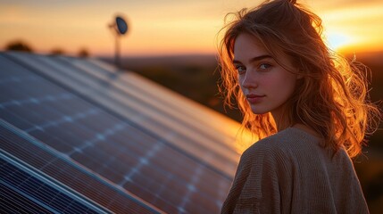 Solar panel wind resistance modern house rooftop installation golden hour young woman brown wavy hair knit clothing casual