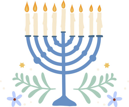 Naklejki Showing flat Hanukkah menorah nine lit candles, lit flames, foliage, stars, transparent background