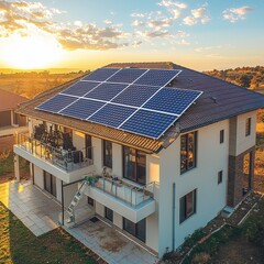 Solar panel assessment wide-angle view two-story house complete rooftop installation sunset lighting residential solar power system
