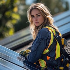 Solar panel assessment blonde female technician safety vest rooftop inspection professional evaluation renewable energy installation maintenance quality control