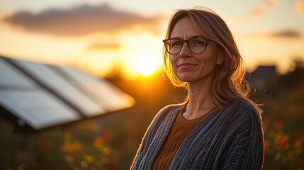 Residential solar installation golden hour portrait middle-aged woman glasses satisfied homeowner renewable energy rooftop panels modern house
