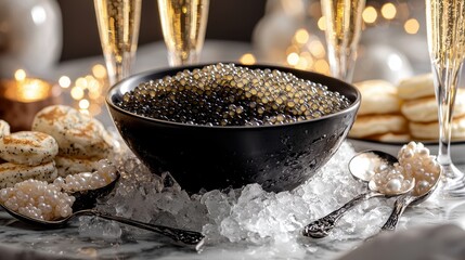 Premium caviar service presentation with black bowl on crushed ice and champagne flutes in luxury restaurant setting