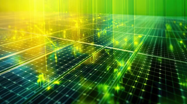 Solar panel layout transparency geometric abstraction overlapping translucent planes green yellow tones through-object perspective layered depth