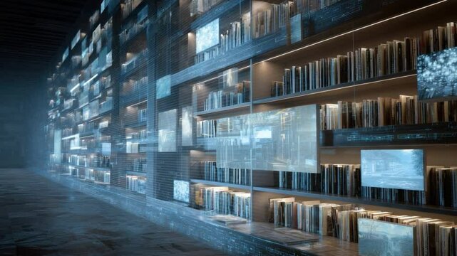 Futuristic Digital Library: A surreal, atmospheric rendering of a futuristic library, blending physical books with digital interfaces and ethereal lighting.