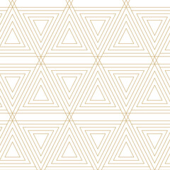 Abstract geometric pattern with triangle, lines and stripes on white background. A seamless vector background. Graphic modern pattern. White and gold pattern.