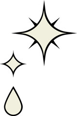 Showing two 4-pointed cream sparkles and droplet outlined black on transparent backdrop, copy space
