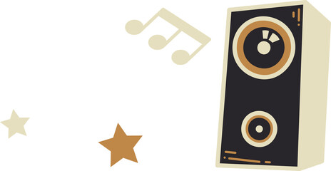 Flat design speaker illustration is floating on transparent background with musical notes and stars