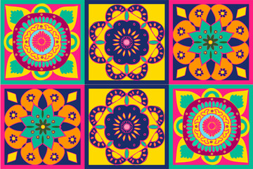 Six square tiles are showing symmetrical mandala patterns in flat design, transparent background