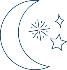 Minimal line art is showing crescent moon, five point star and sparkle on transparent background