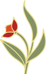 Stylized illustration showing flower stem with tulip-like bud and leaves, transparent background