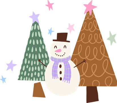 Naklejki Cartoon snowman with hat and scarf is standing among patterned trees, stars, transparent background