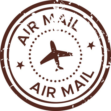 Fototapeta Displaying vintage red airmail stamp, airplane silhouette, dotted ring  and  stars transparent backd