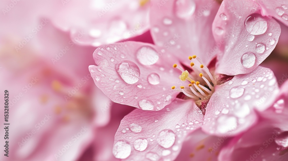 Poster a close-up shot of cherry blossoms with dew droplets glistening on the petals, highlighting the intr