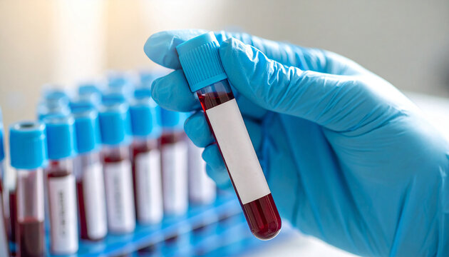 Hand in protective glove holding blood sample with label. Test tube. Medicine and healthcare concept