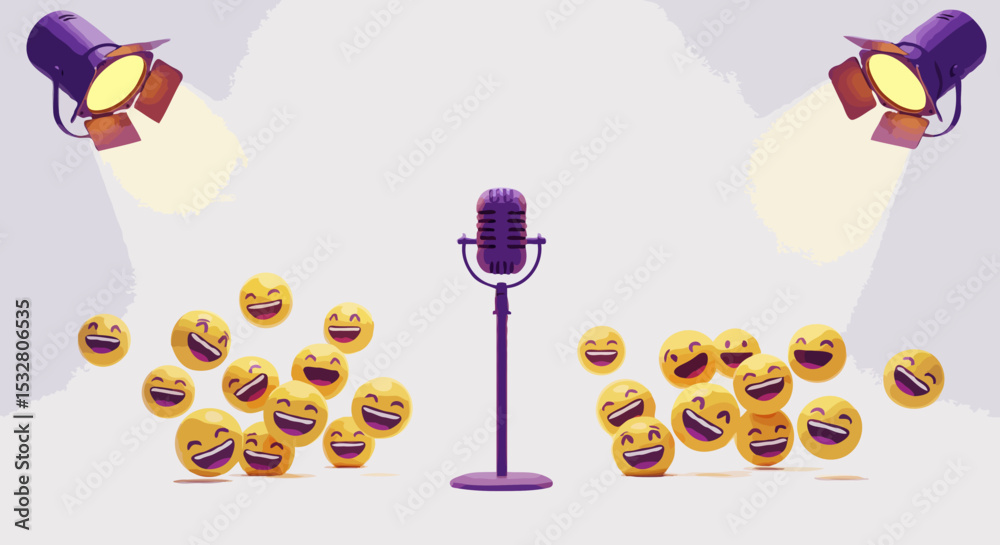 Fototapete 3d rendering in purple and yellow colors depicting a microphone for a comedy show concept with a lau