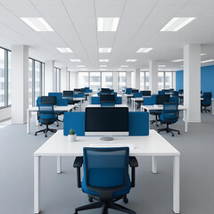 Modern white and blue open space office interior.