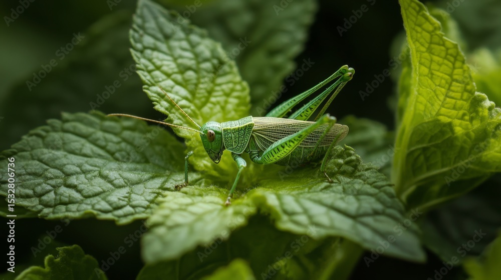 Poster a close-up view of a leaf with a small grasshopper blending into its surroundings, showcasing its na