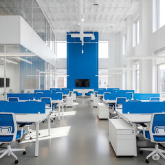 Modern white and blue open space office interior.