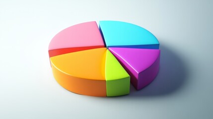 Obraz premium A colorful D pie chart with segmented sections in vibrant shades, each piece slightly raised, casting soft shadows on a white background