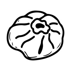 Baozi dumpling. Hand drawn doodle vector. Traditional Asian food. Bao pie. Dough with meat or vegetable filling. Restaurant menu. Illustration line art element.