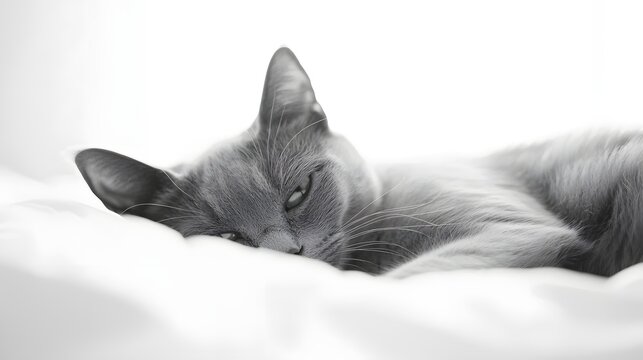 Relaxed gray cat lying on white blanket in soft lighting
