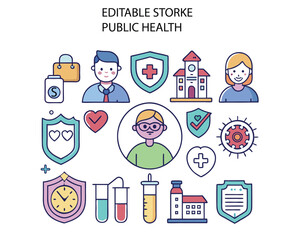 Public Health Line Icon Set – Healthcare and Disease Prevention Vector Collection

