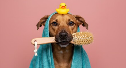 Adorable Dog Ready for Bath with Rubber Duck and Brush on Pink Background