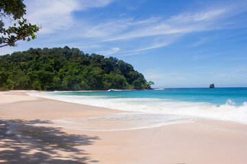 Beautiful View of Sendiki White Sand Beach with Turquoise Blue Sea and No People, Malang, East...