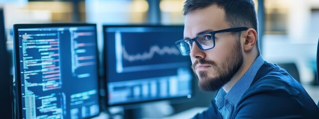 Focused Male IT Worker at Ergonomic Desk Setup