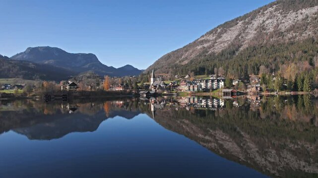 Calm Altausseer see lake at autumn, in Salzkammergut, Styria, Austria