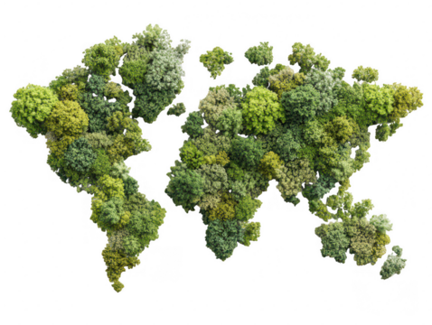 World map composed of lush green foliage