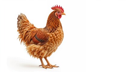 Fototapeta premium Brown chicken stands proudly on white background