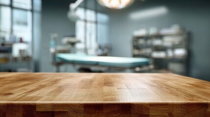 Sterile Surgical Suite with Varnished Oak Countertop and Blurred Background