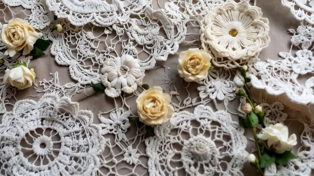 Delicate crocheted doilies and antique roses create a soft, vintage still life scene with floral designs and intricate textured patterns.