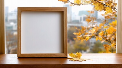 Empty Wooden Frame with Blurred Background and Autumn Leaves