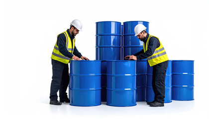 import oil oil shipment supply chain. Two workers in safety gear inspect blue barrels in a warehouse setting, emphasizing industrial safety and compliance.