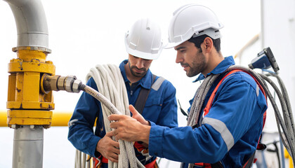 import oil oil shipment supply chain. Two workers in safety gear inspect machinery, focusing on a hose connection, emphasizing teamwork and industrial safety.