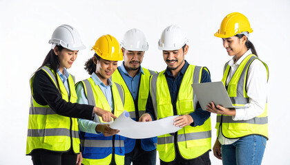 import oil oil shipment supply chain. A group of construction workers collaborates over blueprints, wearing safety gear and discussing project details.