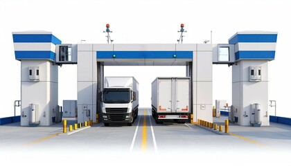 import oil oil shipment supply chain. High-tech vehicle inspection station with commercial trucks passing through security gates.