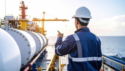 import oil oil shipment supply chain. A worker in safety gear monitors operations on an industrial ship, emphasizing teamwork and safety in marine logistics.
