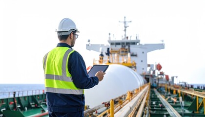 import oil oil shipment supply chain. A worker in safety gear uses a tablet on a ship, overseeing operations in a marine environment.