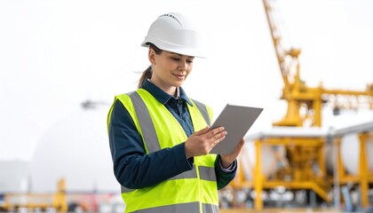 import oil oil shipment supply chain. Construction worker using a tablet on site, wearing a safety helmet and vest, with cranes in the background.