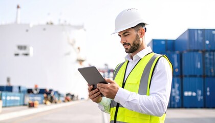import oil oil shipment supply chain. A construction worker in a hard hat and safety vest uses a tablet on a shipping dock surrounded by containers.